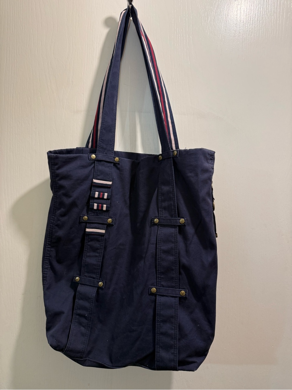 Vtg Y2K American Eagle Outfitters Navy Canvas Tote with Striped Handles brass ha